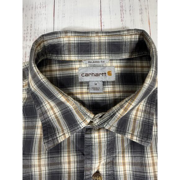 Carhartt Relaxed Fit Button Down Shirt Men Sz M Yellow plaid Short Sleeve Pocket - Picture 4 of 7